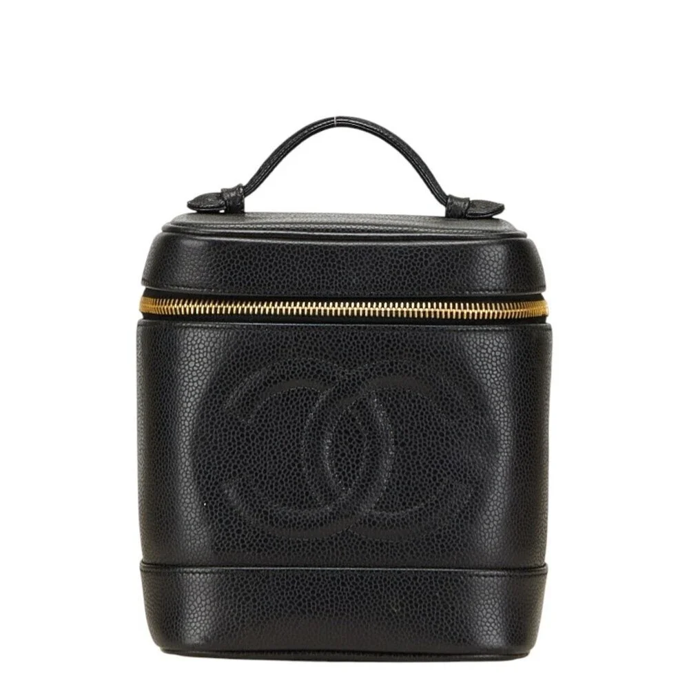 CHANEL Black Caviar Leather Logo Pouch